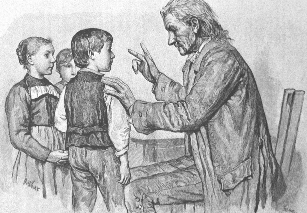 Pencil drawing of Johann Heinrich Pestalozzi teaching children